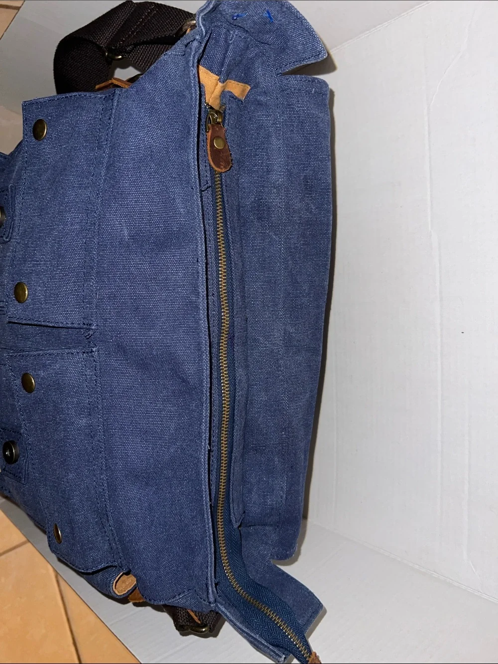 Large Navy Canvas Messenger Bag with Brown Leather Trim by Kattee